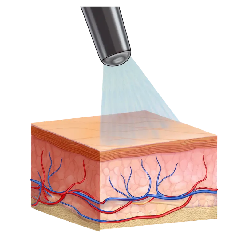 laser-leg-vein-treatment-how-it-works-after-cgt-aesthetics Illustration showing targeted laser energy being delivered to visible leg veins during laser leg vein treatment at CGT Aesthetics in Evergreen Park and Westmont, Illinois