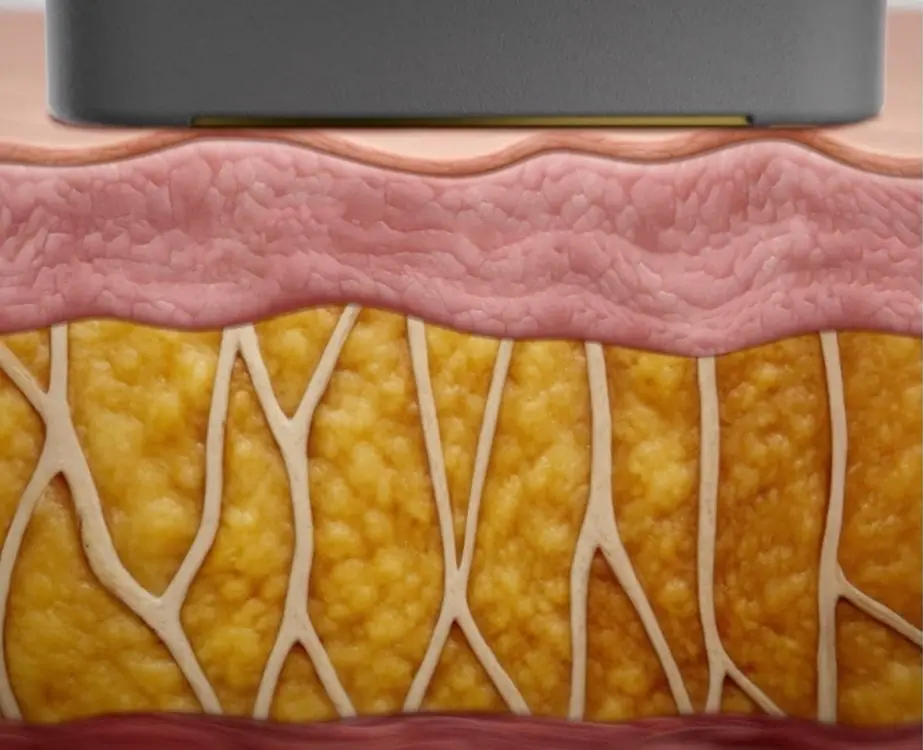 Illustration showing XERF radiofrequency energy penetrating beneath the skin to support collagen remodeling and non-surgical skin tightening at CGT Aesthetics in Evergreen Park and Westmont, IL.