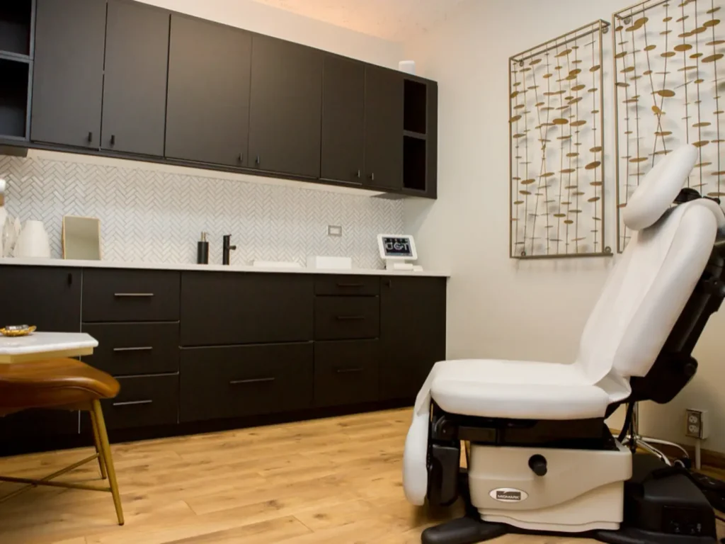Modern aesthetic treatment room at CGT Aesthetics med spa in Evergreen Park, Illinois.