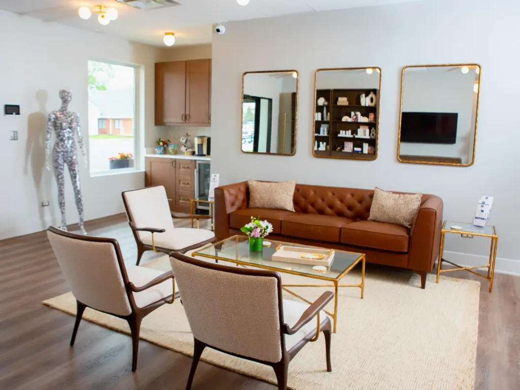 Modern patient waiting area inside CGT Aesthetics med spa in Westmont, Illinois.