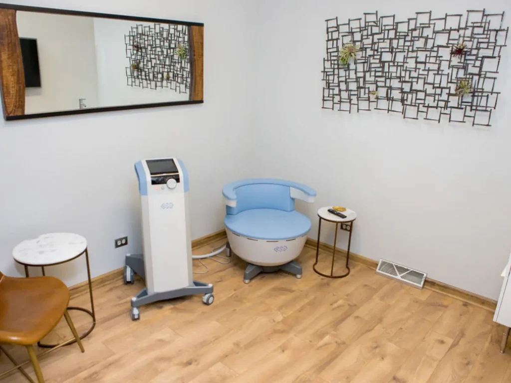 EMSELLA treatment chair and equipment at CGT Aesthetics in Evergreen Park, Illinois.